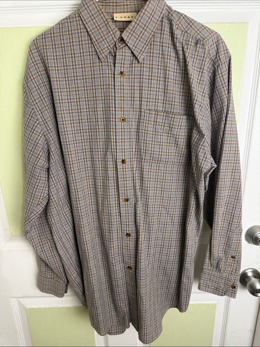 (2338) J. Khaki Men's Blue and Tan Plaid Button-Up Shirt, Size: Medium